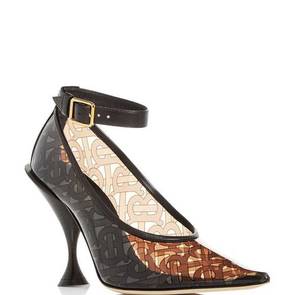BURBERRY 'Evan' TB Monogram Logo Ankle-Strap Transparent Pumps (Brown) - 7B - Picture 1 of 15